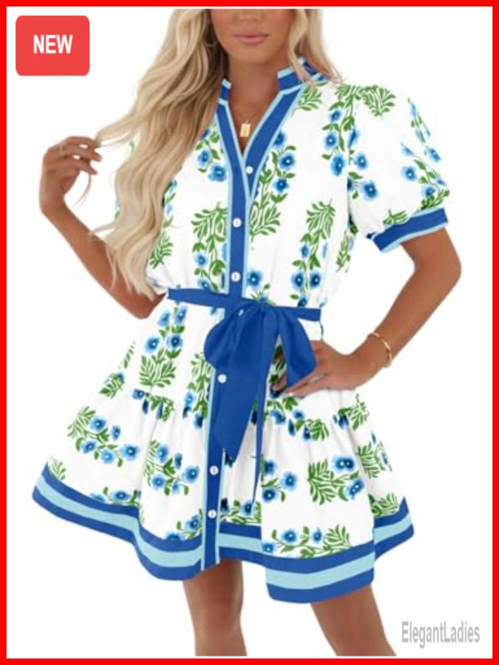 Womens Floral V Neck Puff Sleeve Boho Mini Dress
